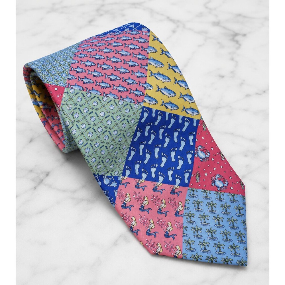 Vineyard Vines Patchwork Silk Tie Colorful Nautical Fish Crab Palm Tree Novelty